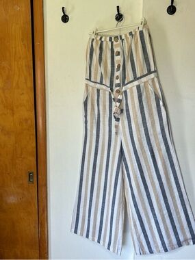 NWT Striped Wide-Leg Button-Front Pants in Beige, Blue, and White
